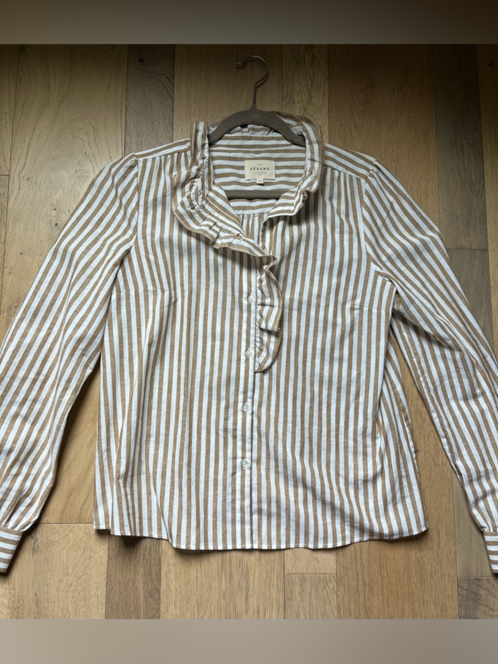 Sezane ecru-camel stripes chlo button down long sleeve shirt